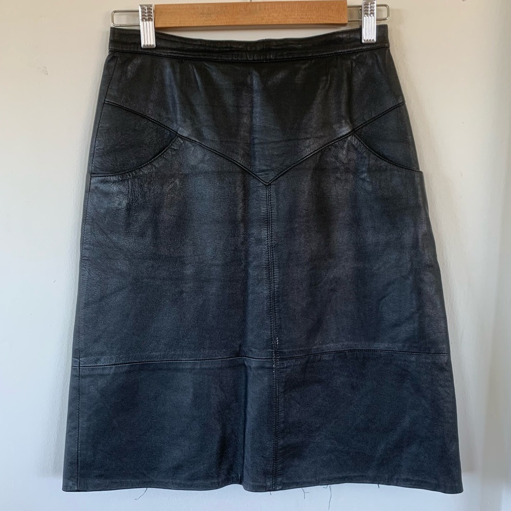 Black faux leather reversible midi skirt w pockets